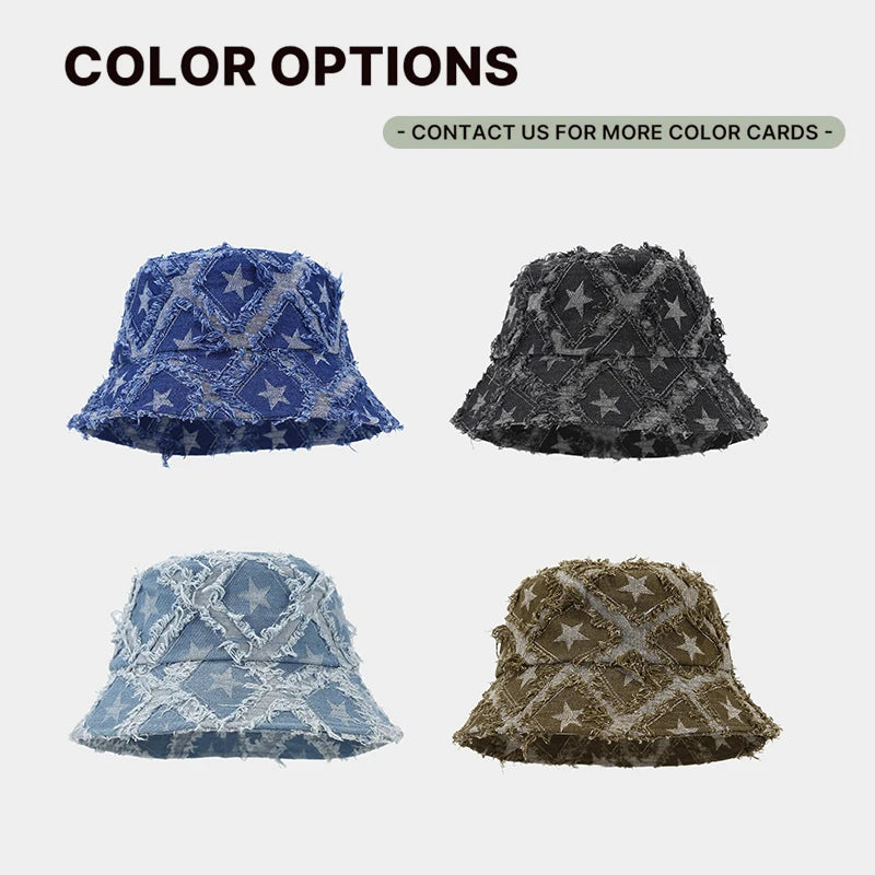 Wholesale Autumn New Arrival Stars Frayed Distressed Pattern Jean Denim Bucket Hat Women Men Outdoor Street Sun Hat
