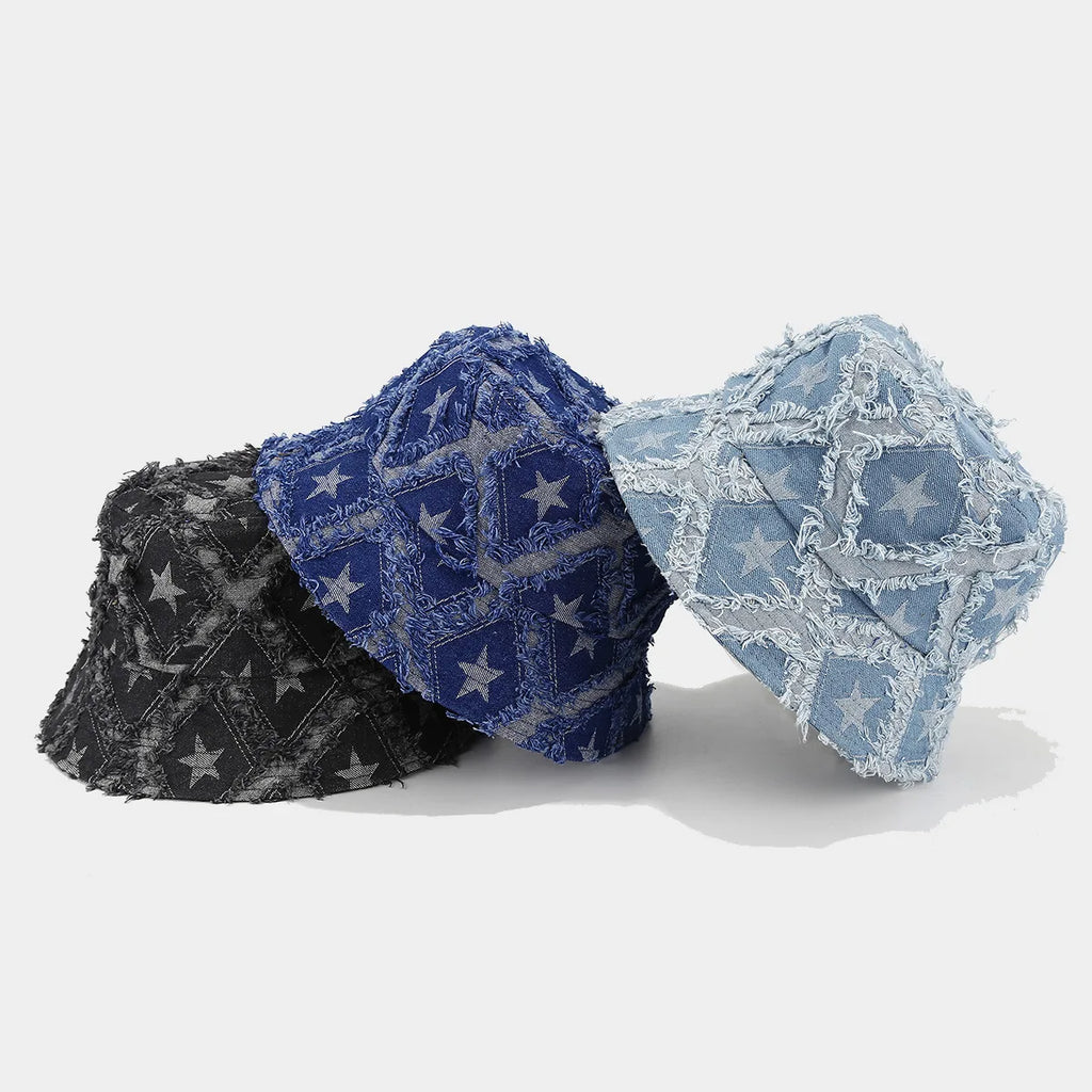 Wholesale Autumn New Arrival Stars Frayed Distressed Pattern Jean Denim Bucket Hat Women Men Outdoor Street Sun Hat