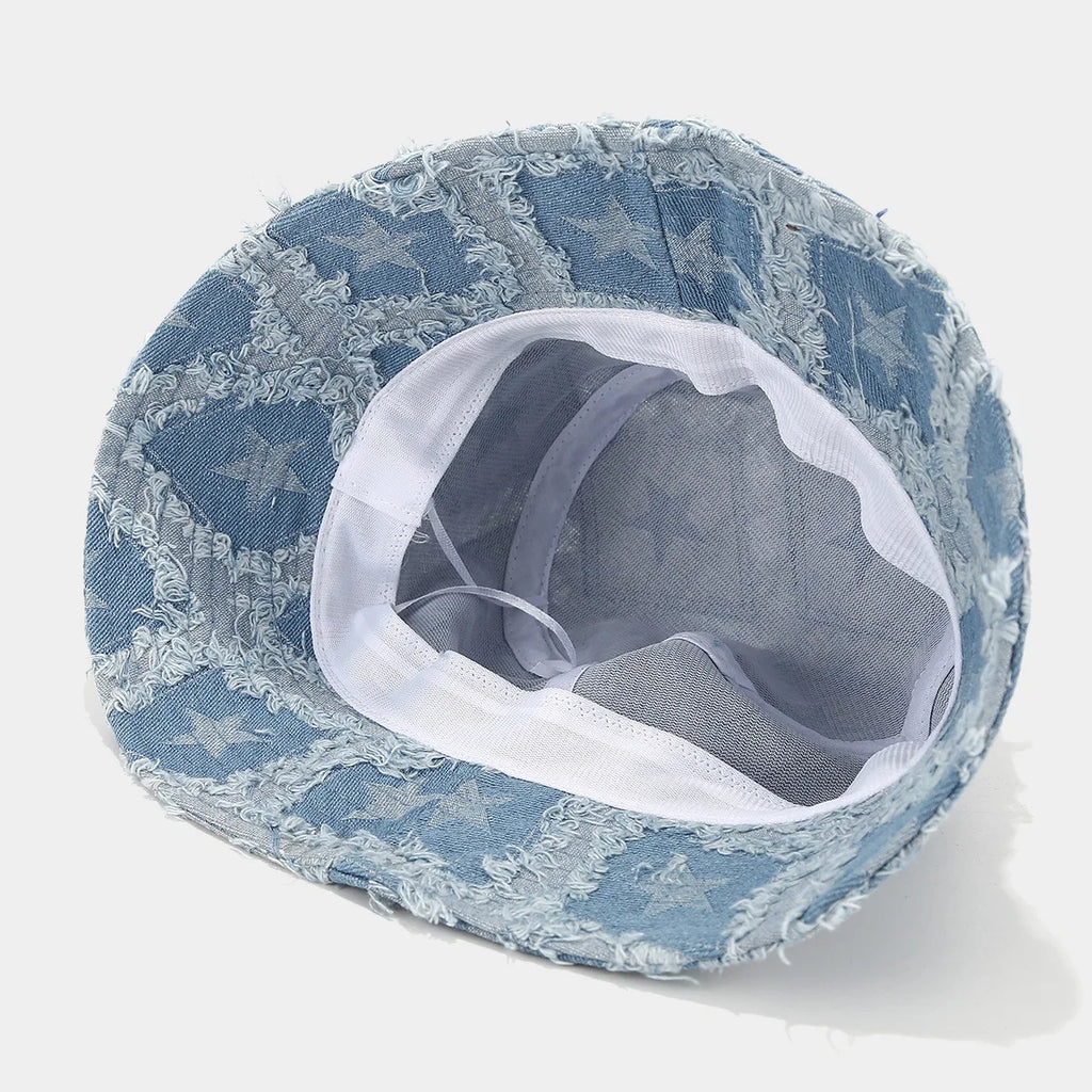 Wholesale Autumn New Arrival Stars Frayed Distressed Pattern Jean Denim Bucket Hat Women Men Outdoor Street Sun Hat